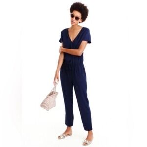 J. Crew Women's Linen Blend‎ Jumpsuit Size S Navy Short Sleeve V Neck Pockets